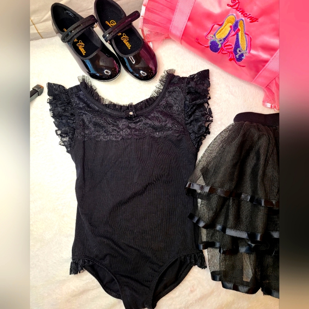 Dance Leotard & Black Tutu With Silver Glitter Sparkles